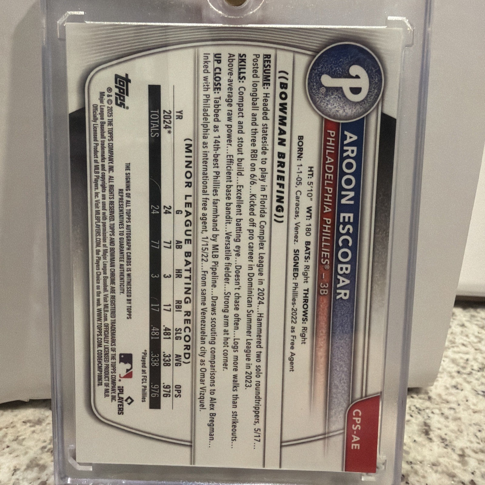 2025 Bowman Chrome 1st Blue Sapphire Auto /199 Aroon Escobar #CPS-AE Phillies