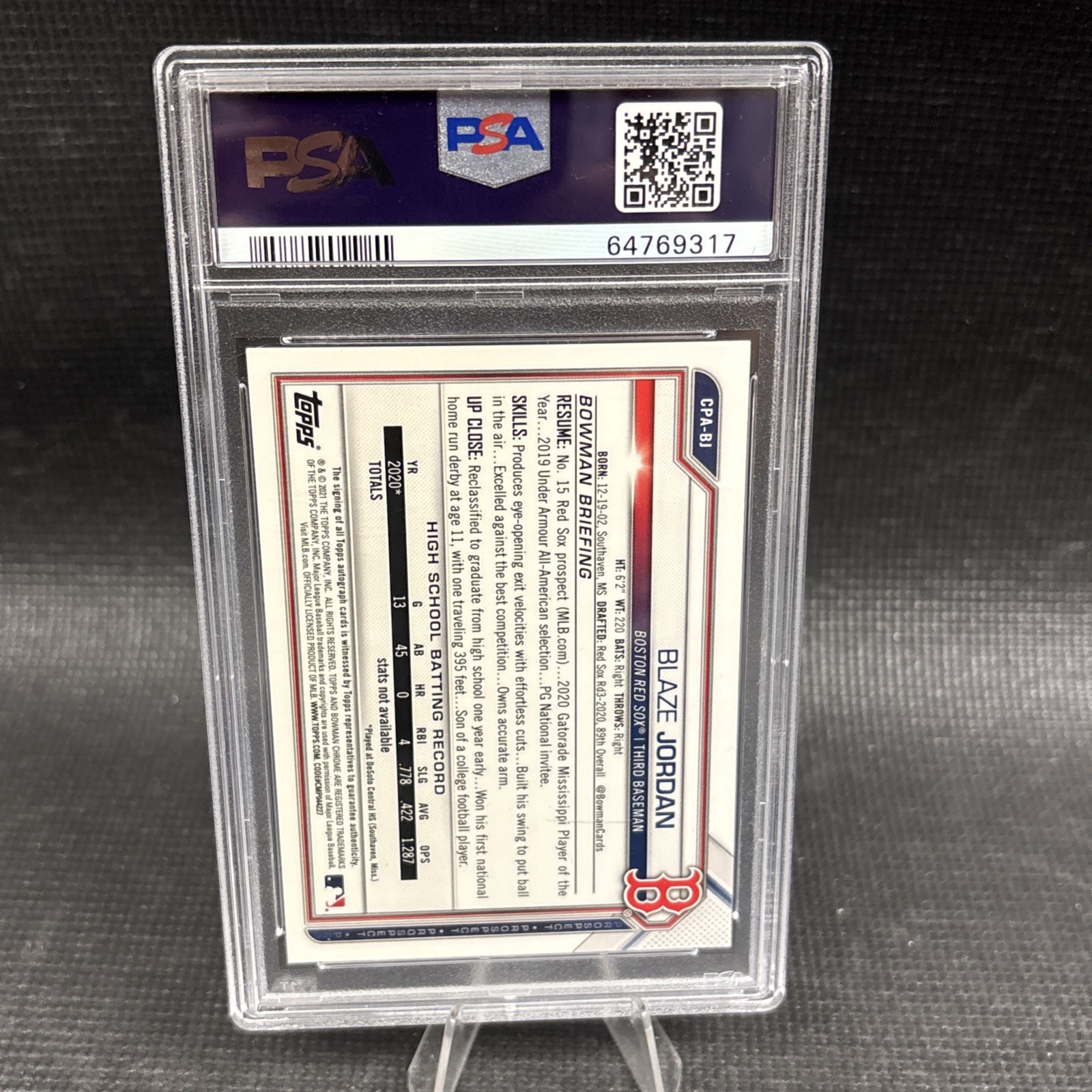BLAZE JORDAN 2021 BOWMAN CHROME PURPLE REFRACTOR AUTO /250 PSA 9 Auto 10