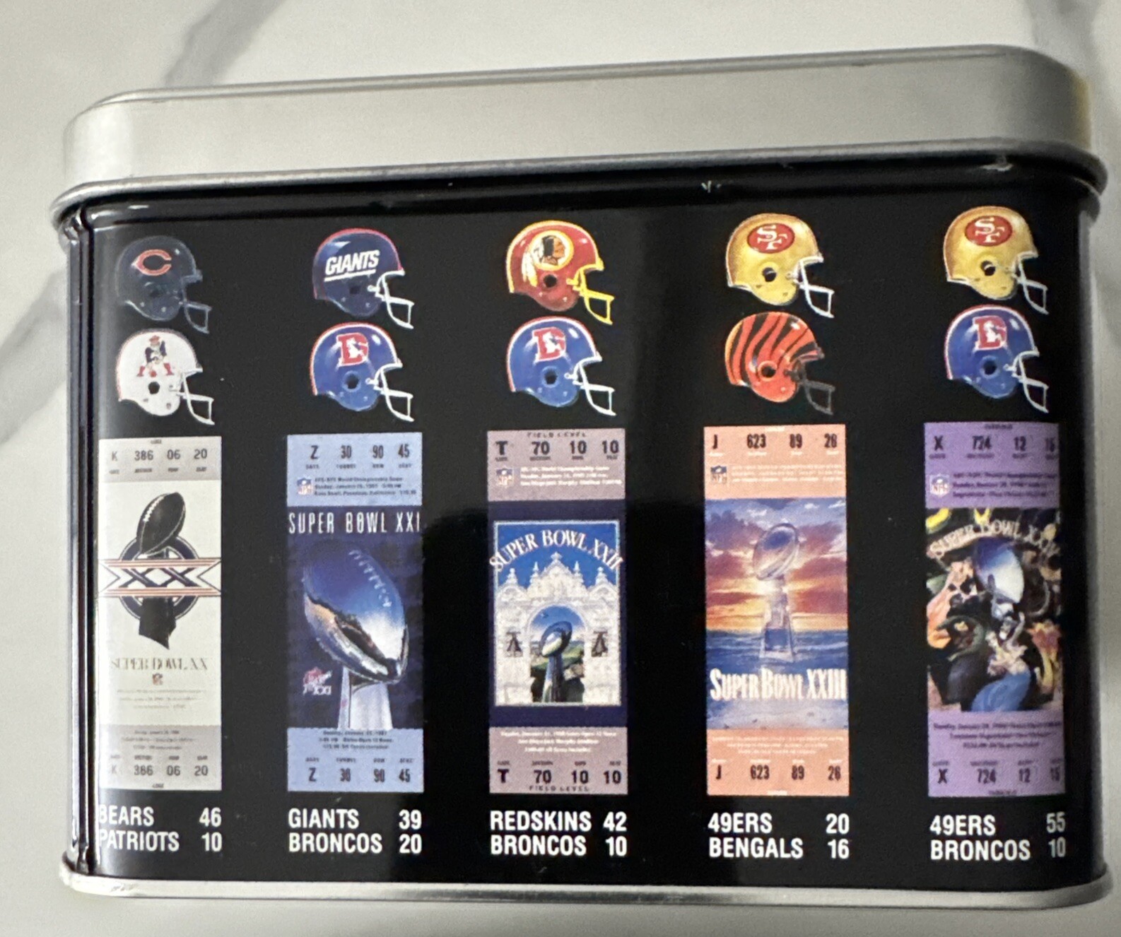 NFL Super Bowl XXV Silver Anniversary Candy Tin w/ SB Booklet (5” x 7” x 4”)