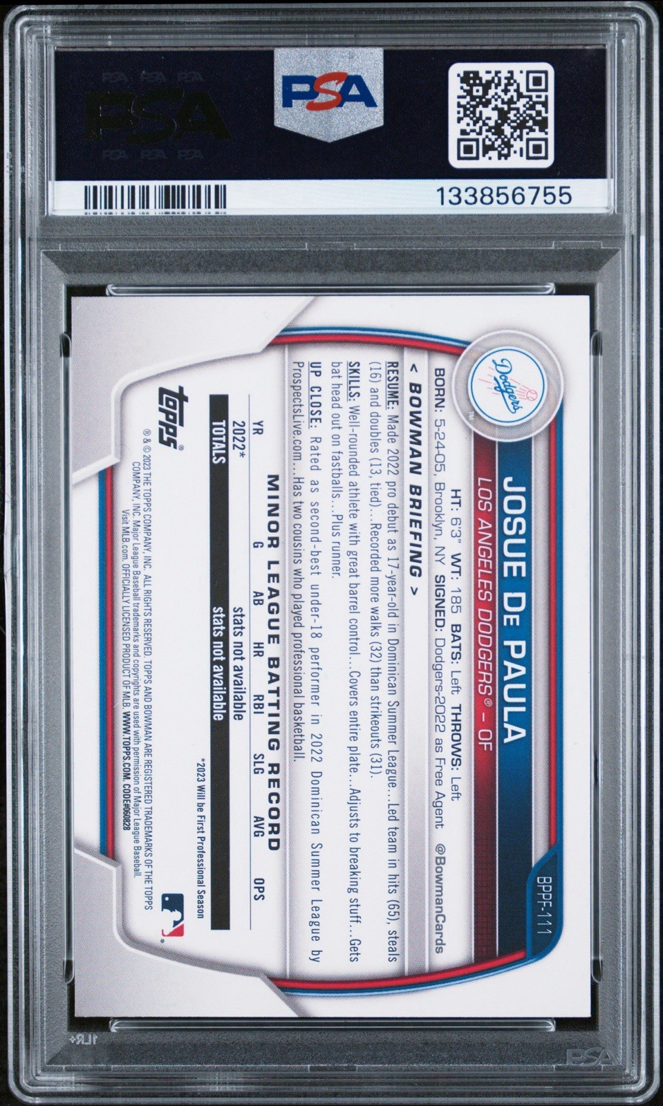 2023 Bowman 1st Edition #BPPF-111 SIGNED Josue De Paula Dodgers Autograph PSA 10