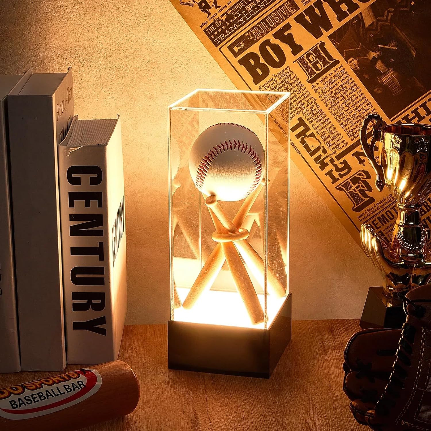 Baseball Display Case with LED Light Base Stand Holder, Wooden Sticks