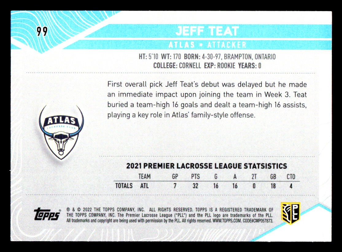 2022 Topps Premier LaCrosse League #99 Jeff Teat LaCrosse Card