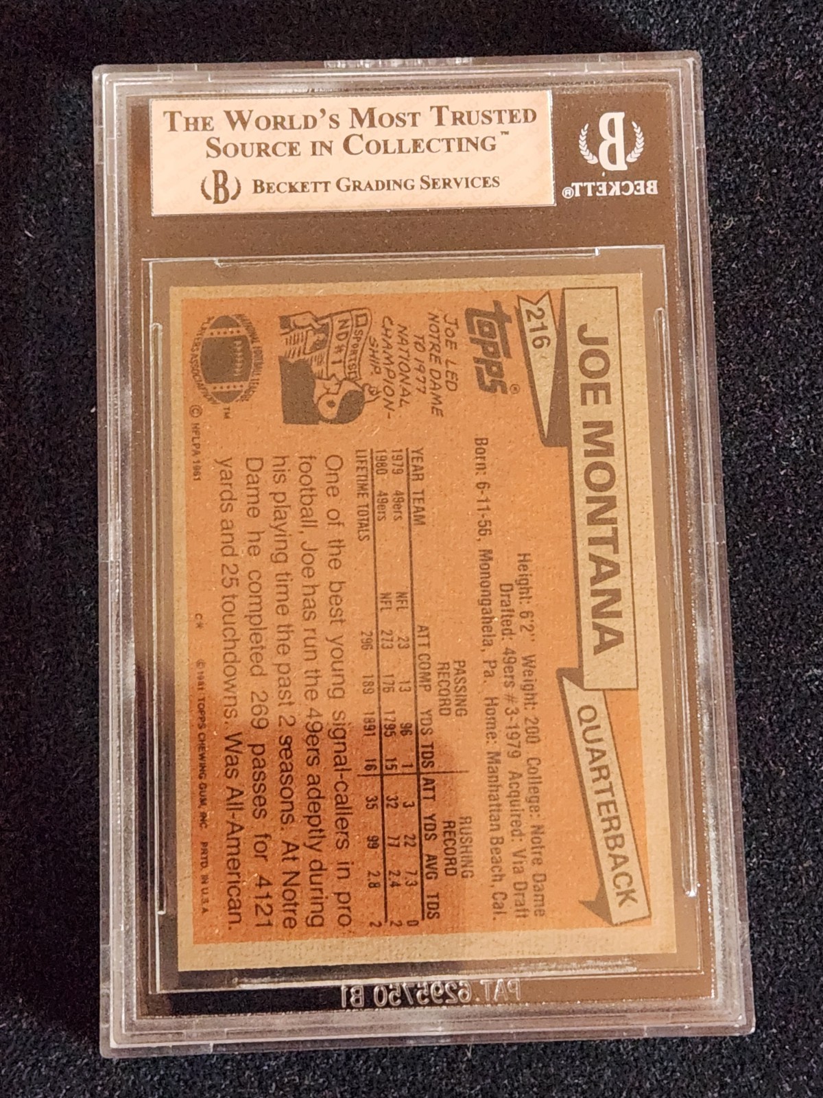 1981 Topps – Joe Montana RC BECKETT GRADE 8 NM/MNT 2 SUB GRADE 9’S