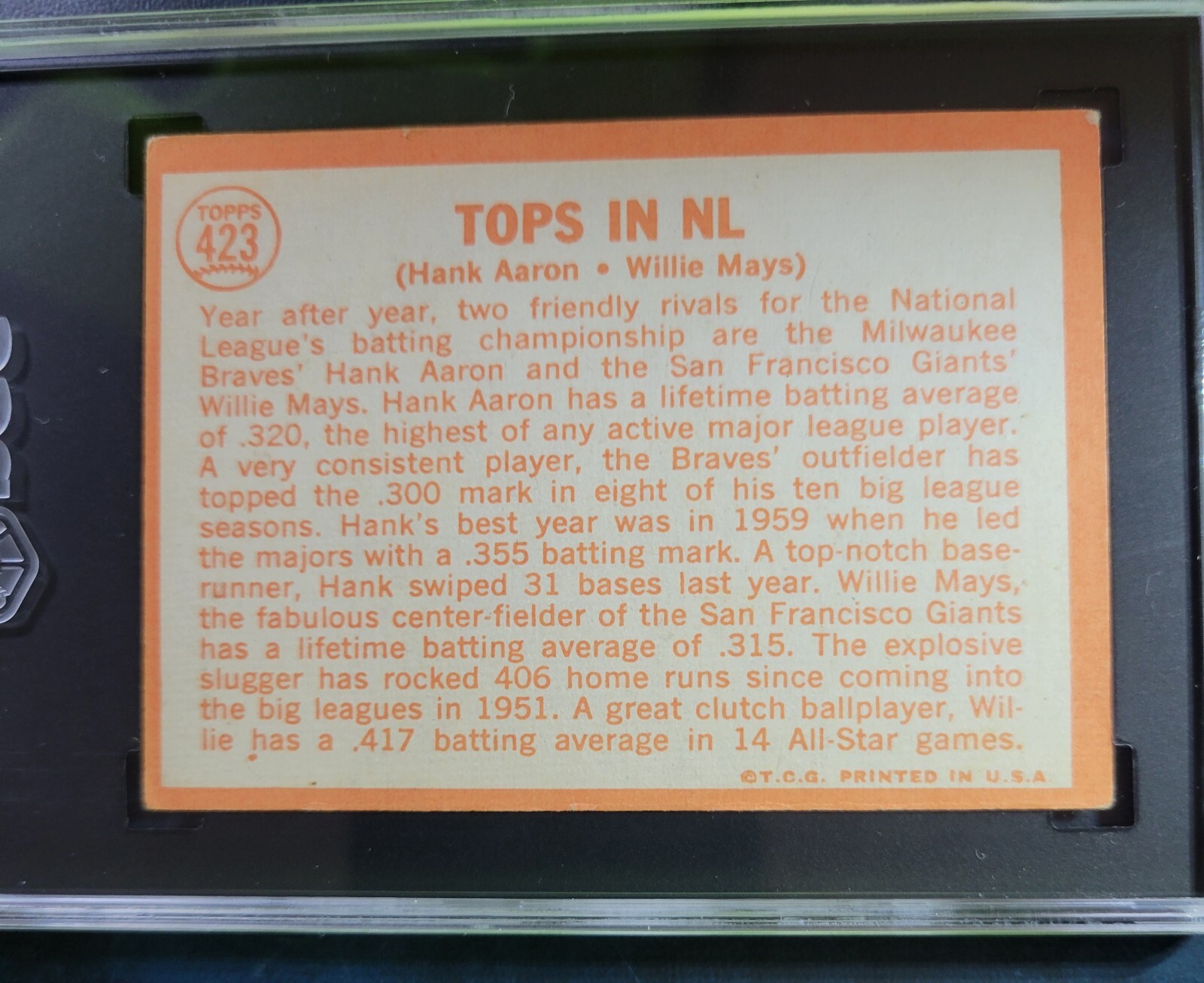 1964 TOPPS #423 HANK AARON / WILLIE MAYS TOPS IN N.L. SGC 3.5