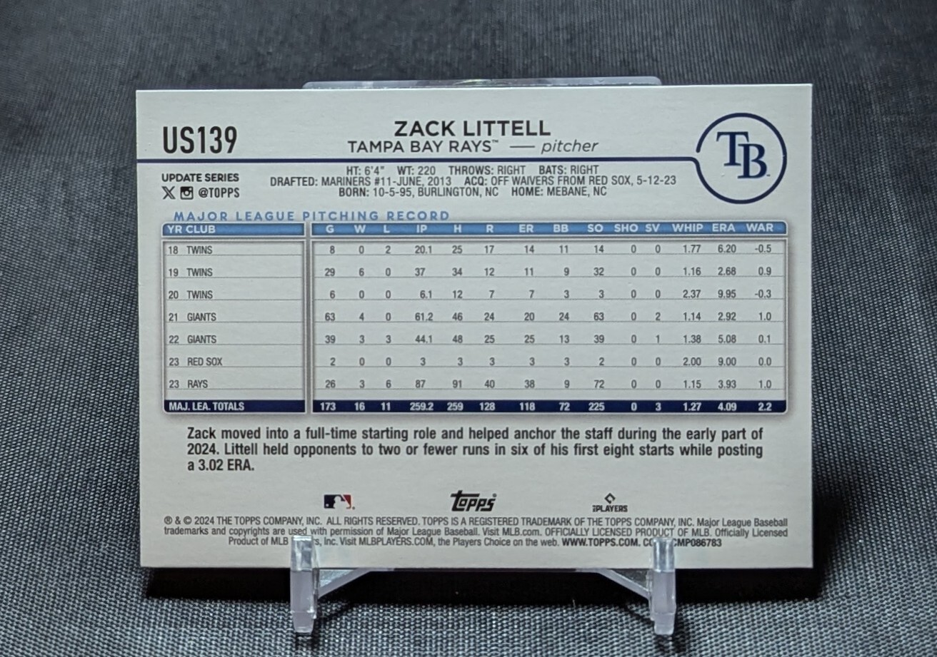Zack Littell Holiday Foil 2024 Topps Update Series Card #US139 Tampa Bay Rays