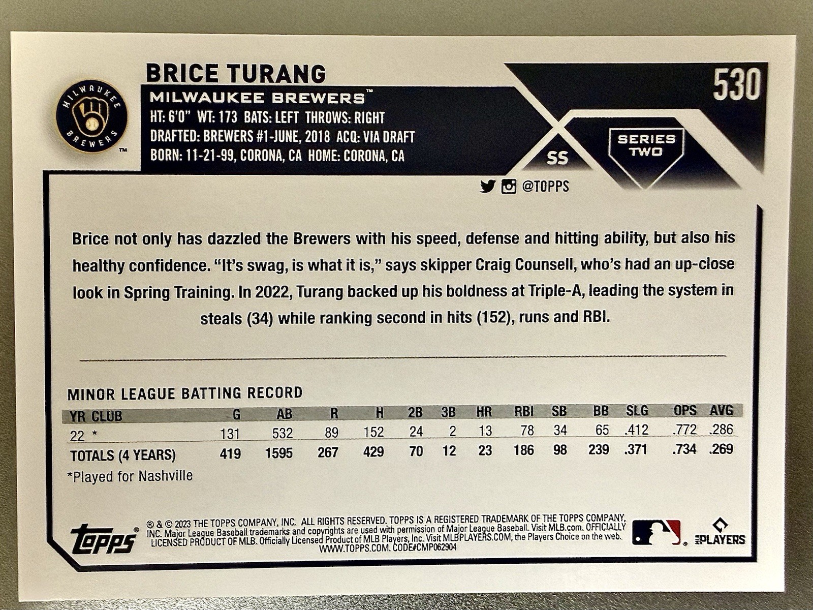 2023 Topps Series 2 – Brice Turang #530 (RC)