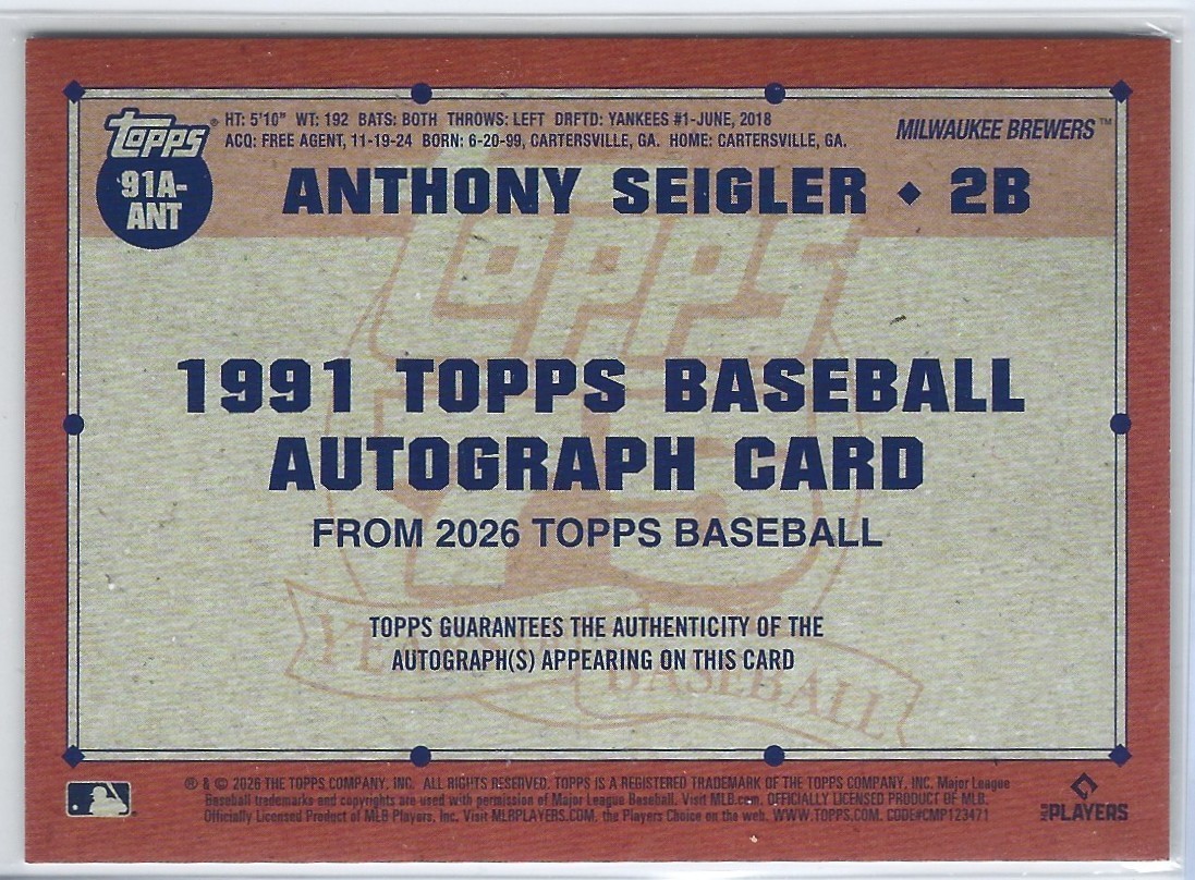 2026 Topps Series 1 – Anthony Seigler 1991 Throwback (RC,AU) No. 91A-ANT Brewers