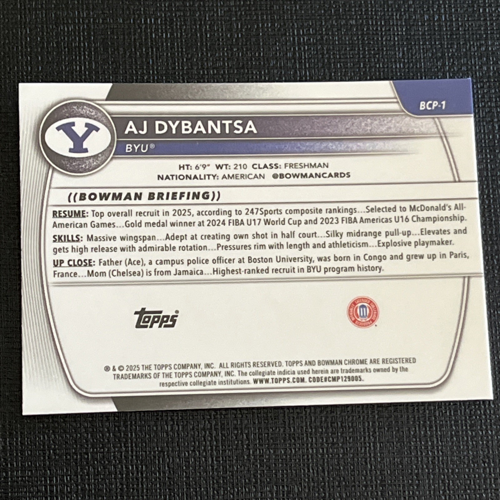 2025-26 Bowman AJ Dybantsa #BCP-1 Chrome Mojo Refractor 1st Prospect Cougars