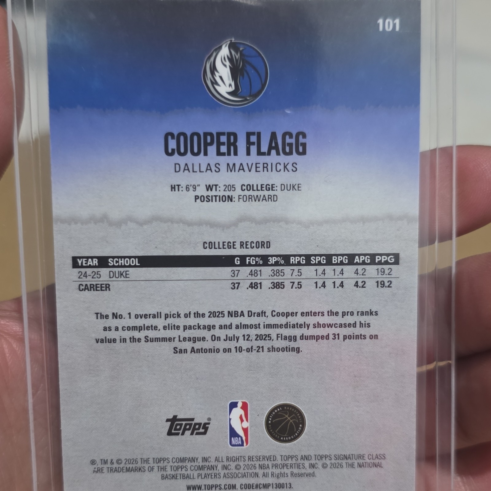 2025-26 Topps Signature Class Cooper Flagg Rookie Card RC #101 Dallas Mavericks