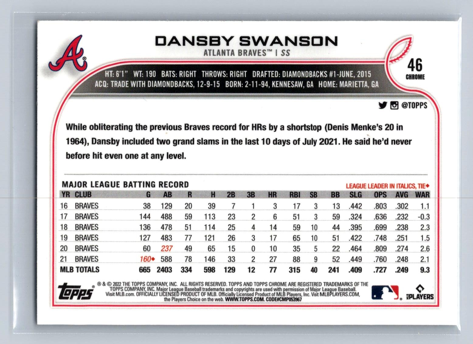 2022 Topps Chrome Sepia Refractor #46 Dansby Swanson Braves