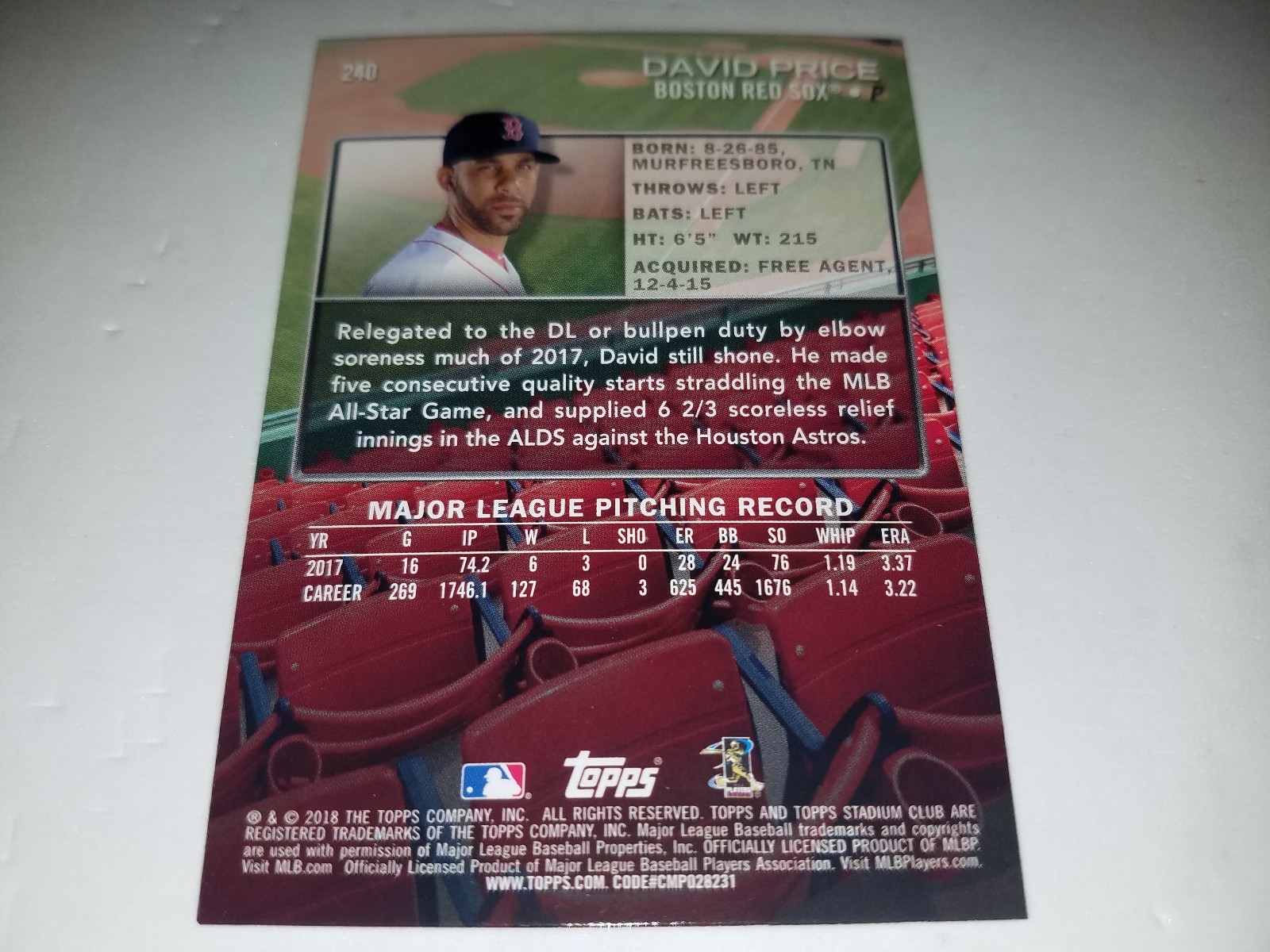 2018 TOPPS STADIUM CLUB DAVID PRICE SEPIA FOIL PARALLEL INSERT #240 SP