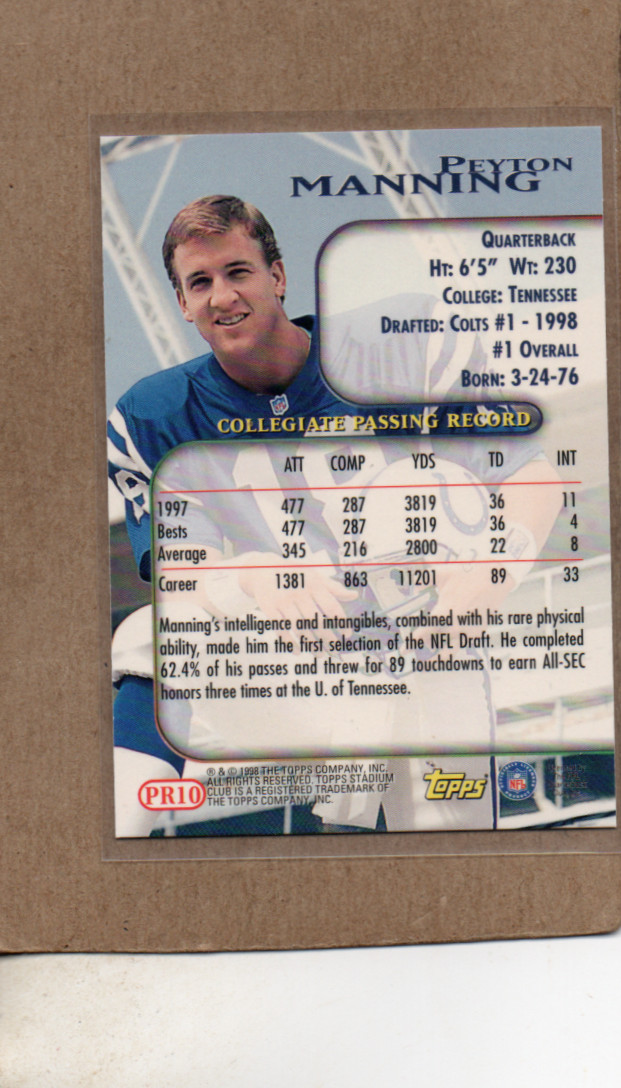 peyton manning indianapolis colts rc 1998 topps stadium club pr10 card