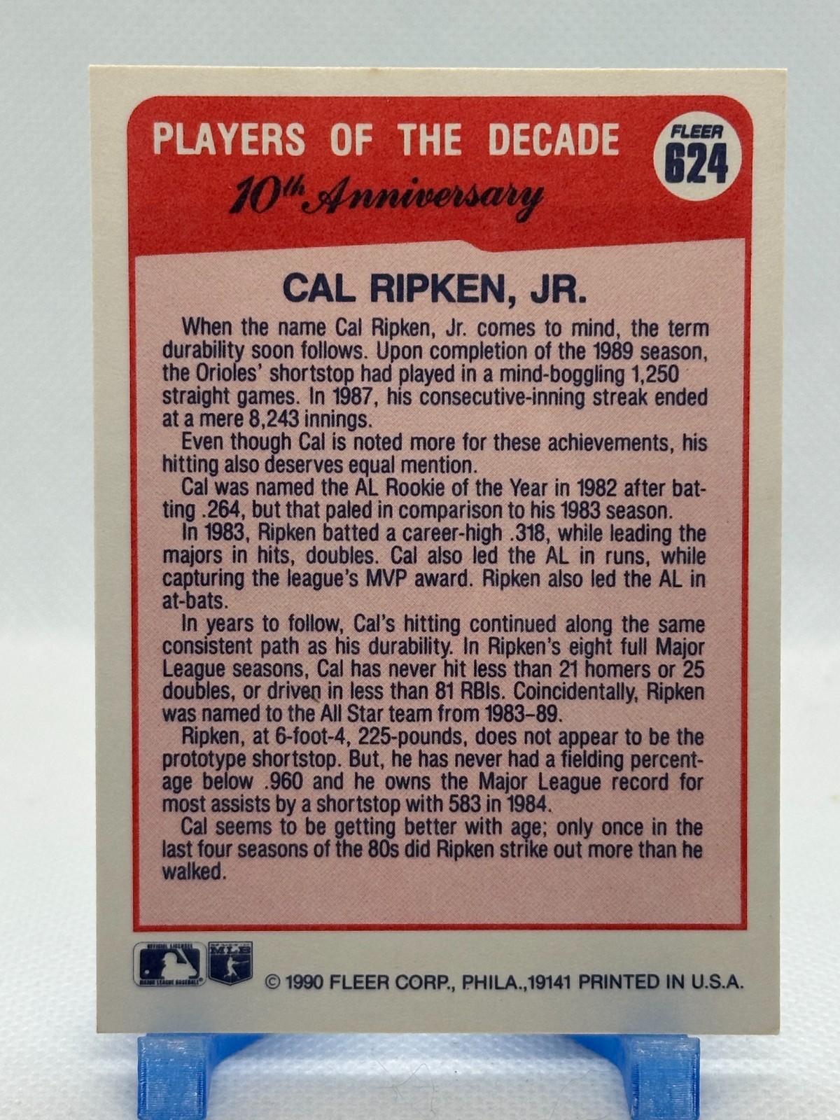Cal Ripken Jr 1990 Fleer – Players of the Decade #624 – Baltimore Orioles