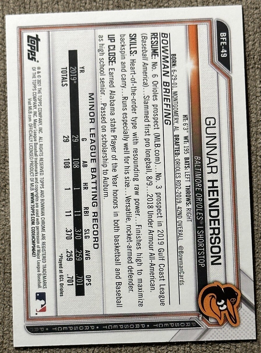 Gunnar Henderson 2021 Bowman 1st Edition #BFE-49 Orioles Prospect Card