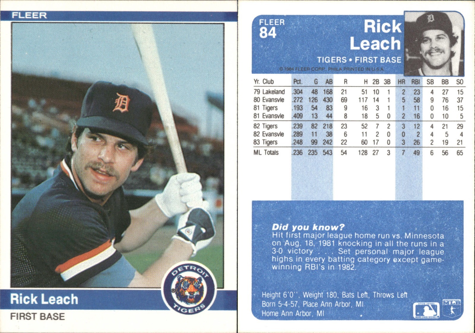 1984 Fleer Tigers Team lot of 18 Baseball Cards Detroit Tigers MLB-1092