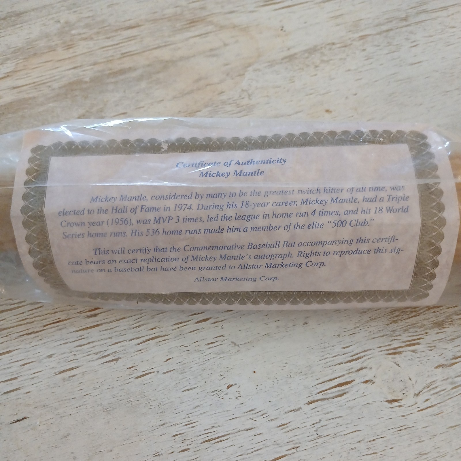 Mickey Mantle Commemorative Bat – All-Star Marketing w/ Cert of Authenticity