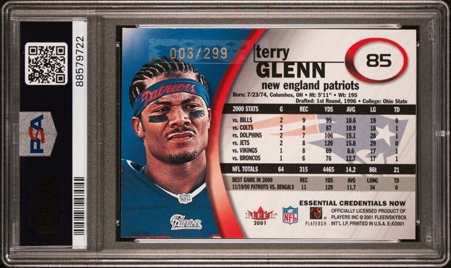 2001 Fleer E-X /299 Essential Credentials Now #85 Terry Glenn SP NE Pop 3! PSA 8