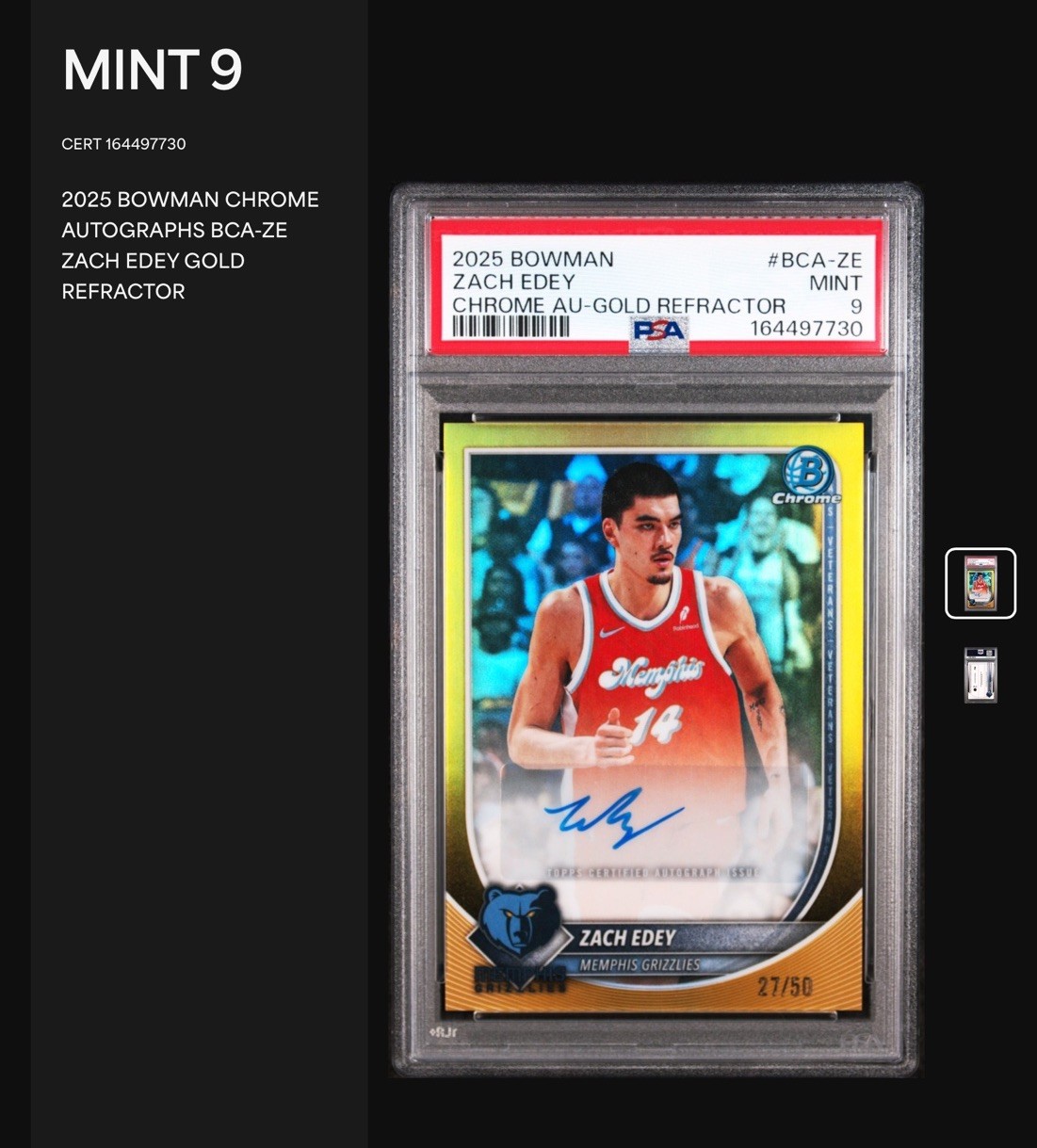 🔥2025 Bowman Chrome #BCA-ZE Autograph Gold Refractor 27/50 Zach Edey Psa9
