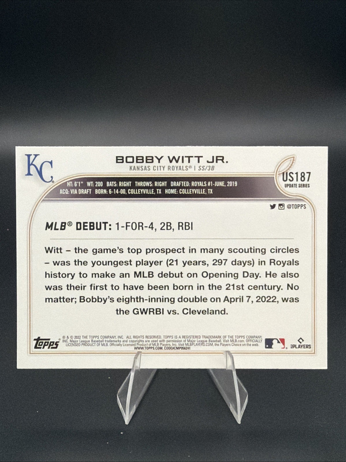 2022 Topps Update Series – Rookie Debut Bobby Witt Jr. #US187 (RC)