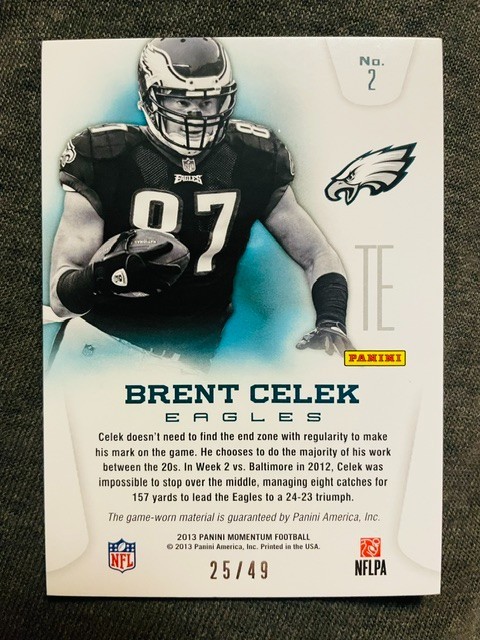 2013 Panini Momentum Brent Celek Jumbo Game Used Worn Jersey Relic Card /49 Rare