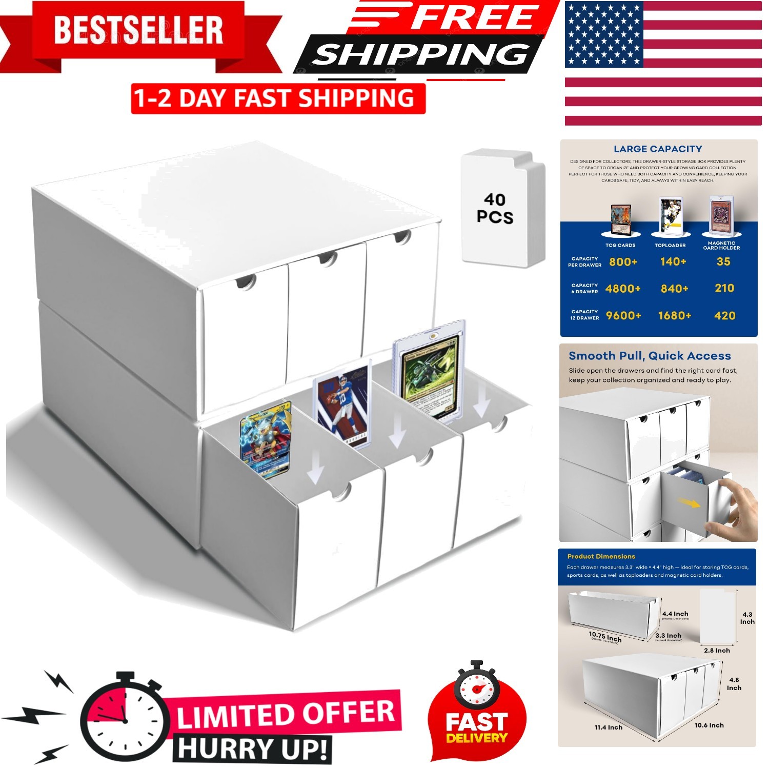 Trading Card Storage Box with 40 Dividers Cardboard Toploader Boxes 6 Drawer