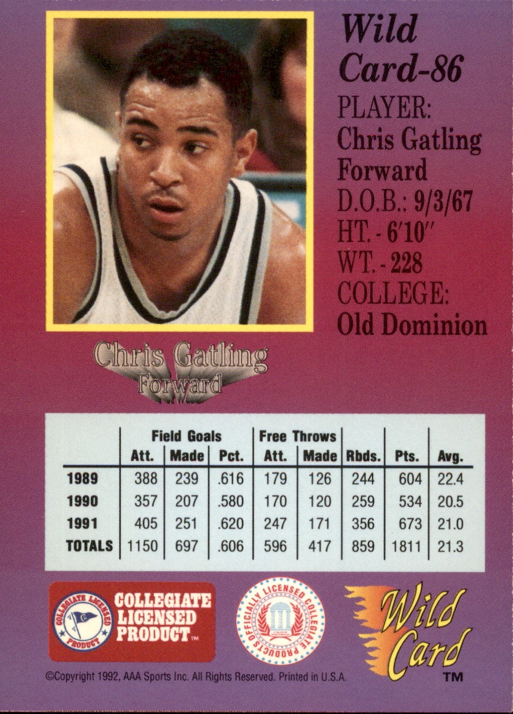 1991-92 Wild Card Chris Gatling #86 AAA Sports 1st Edition