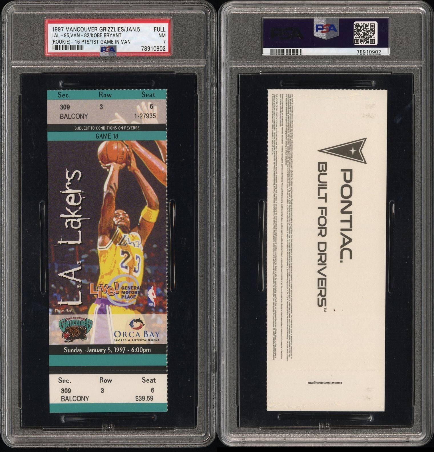 1997 KOBE BRYANT 1ST GAME IN VANCOUVER/16PT ROOKIE YEAR FULL TICKET LAKERS PSA 7
