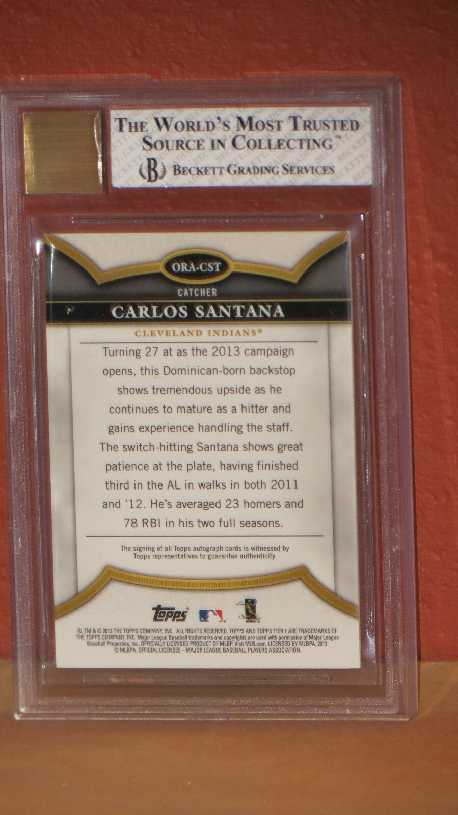 2013 Topps Tier One On The Rise Carlos Santana Card BGS 8 Auto 9.