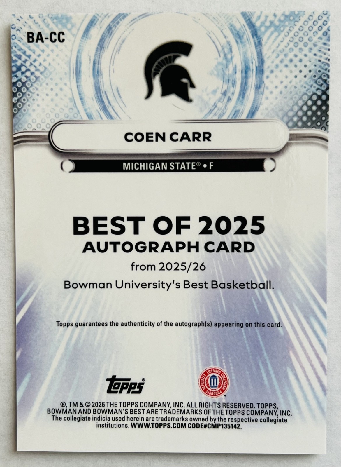 2025-26 Bowman U Best COEN CARR Best Of 2025 Yellow Laser Refractor Auto /75🔥🔥