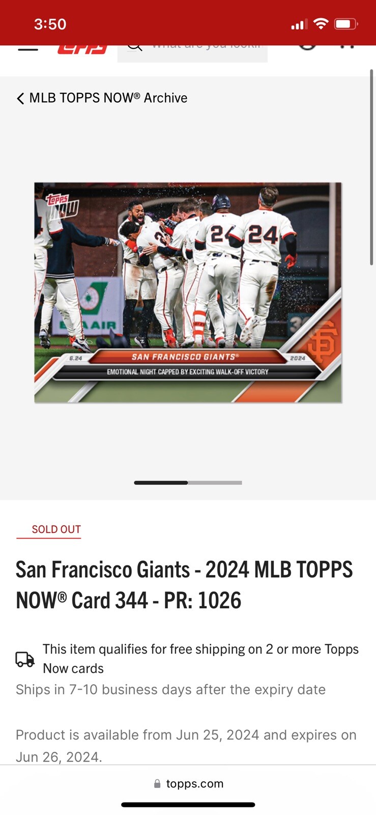 2024 Topps Now MLB #344 San Francisco Giants Walk-Off Willie Mays Tribute Night