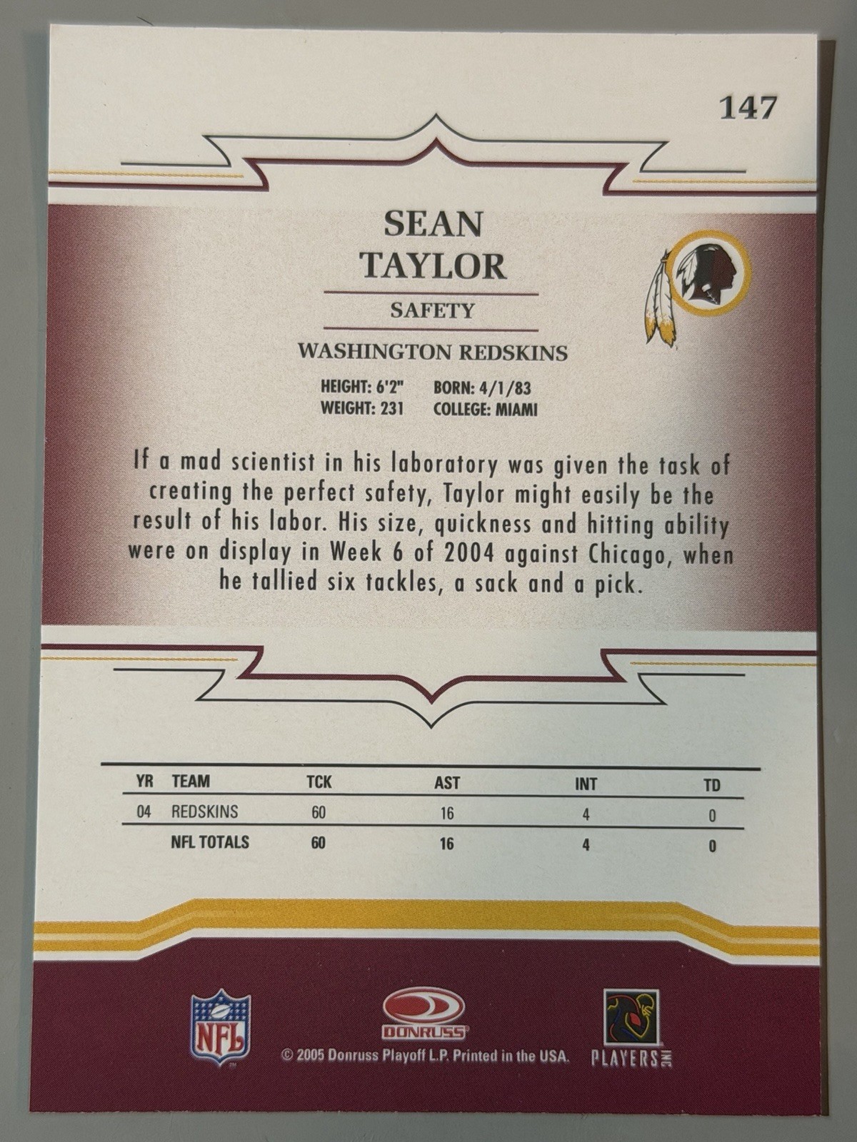 Sean Taylor 2005 Donruss Throwback Threads #147 Redskins