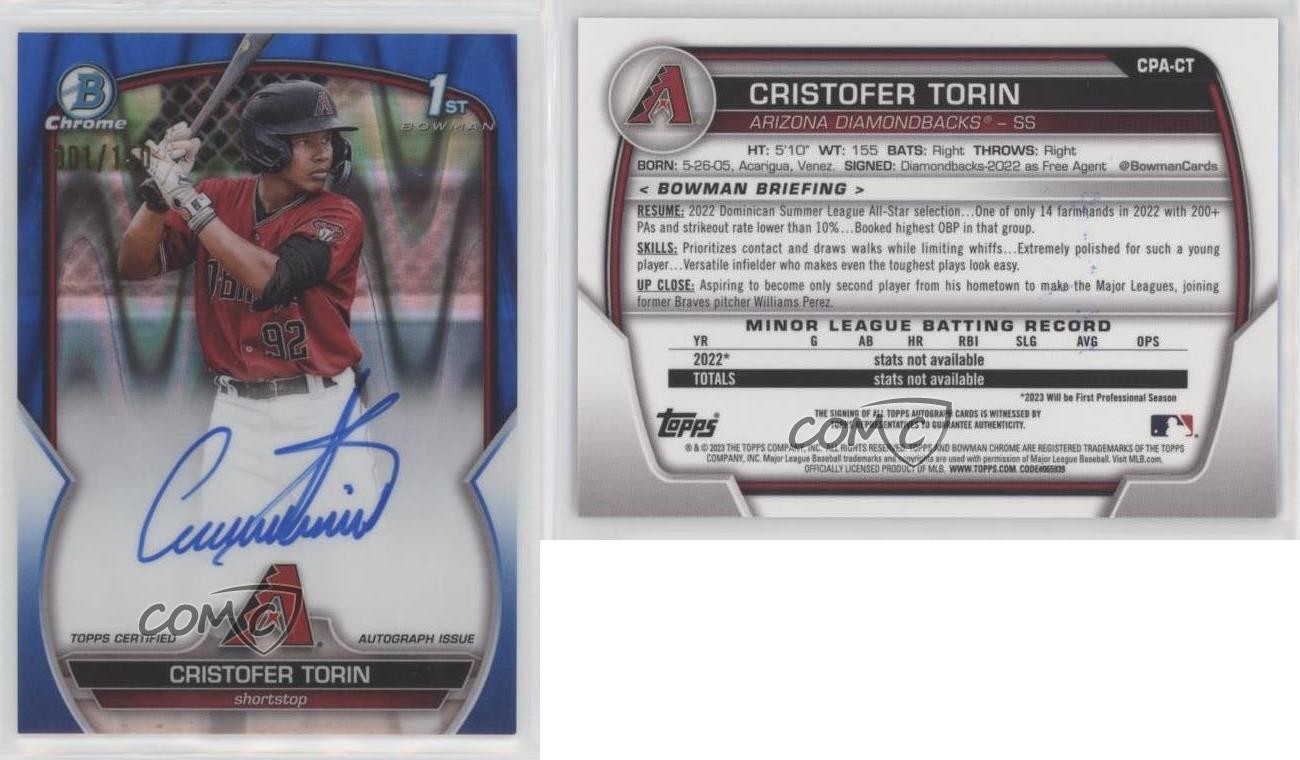 2023 Bowman Chrome Blue RayWave Refractor 1/150 Cristofer Torin #CPA-CT Auto 6fs