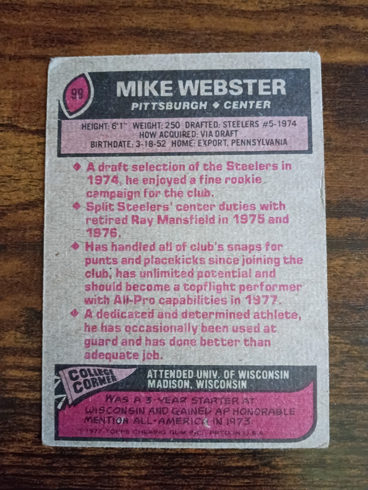 1977 Topps Mike Webster Rookie #99 football card Pittsburgh Steelers