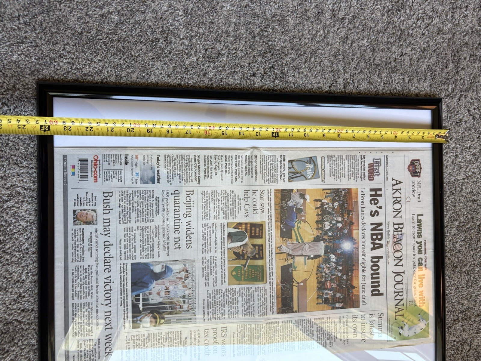 LEBRON JAMES 2003 NBA DRAFT DECISION AKRON BRACON NEWSPAPER 4/26/2003 FRAMED