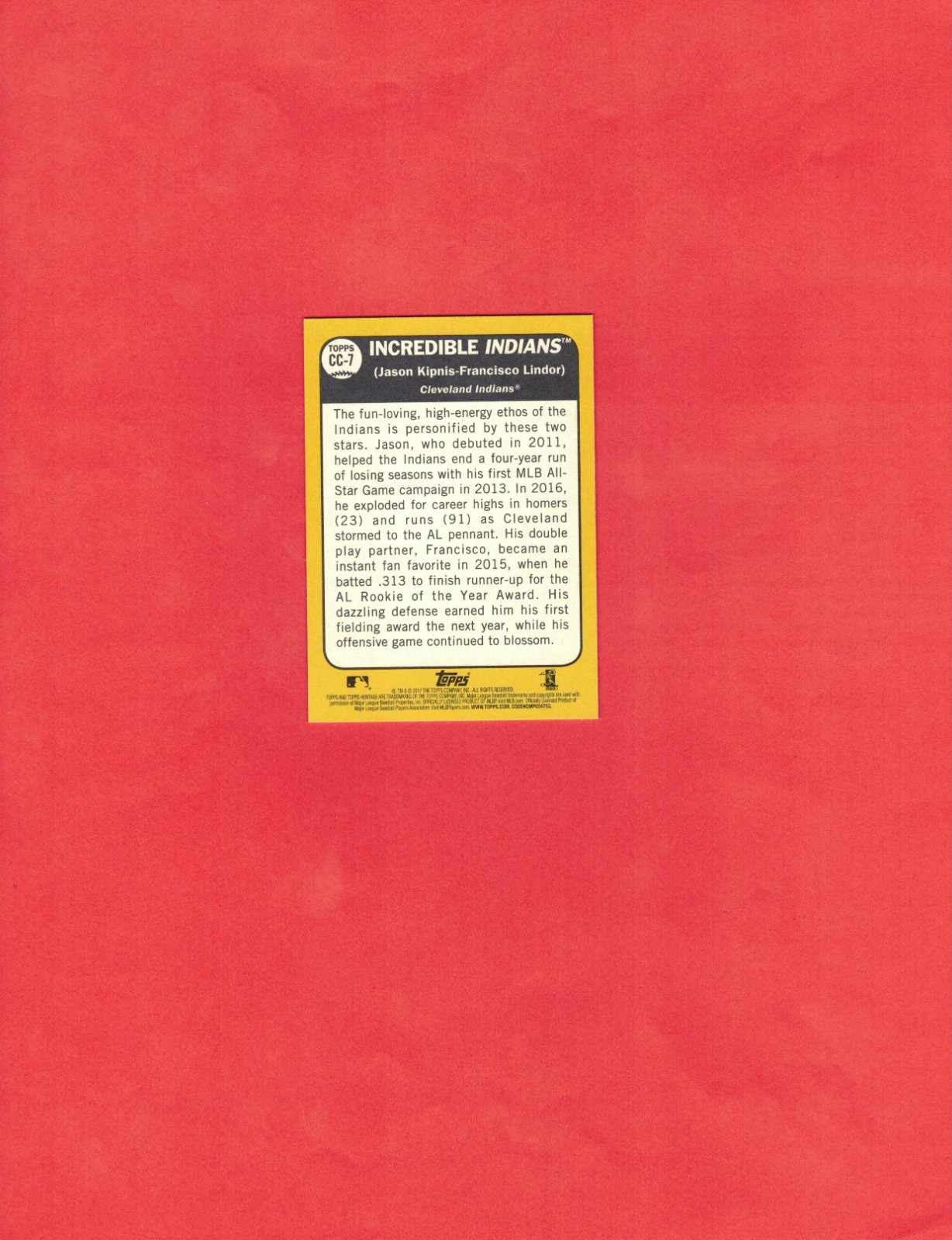 2017 Topps Heritage #CC-7 “Incredible Indians” Combo Card! Cleveland Indians!