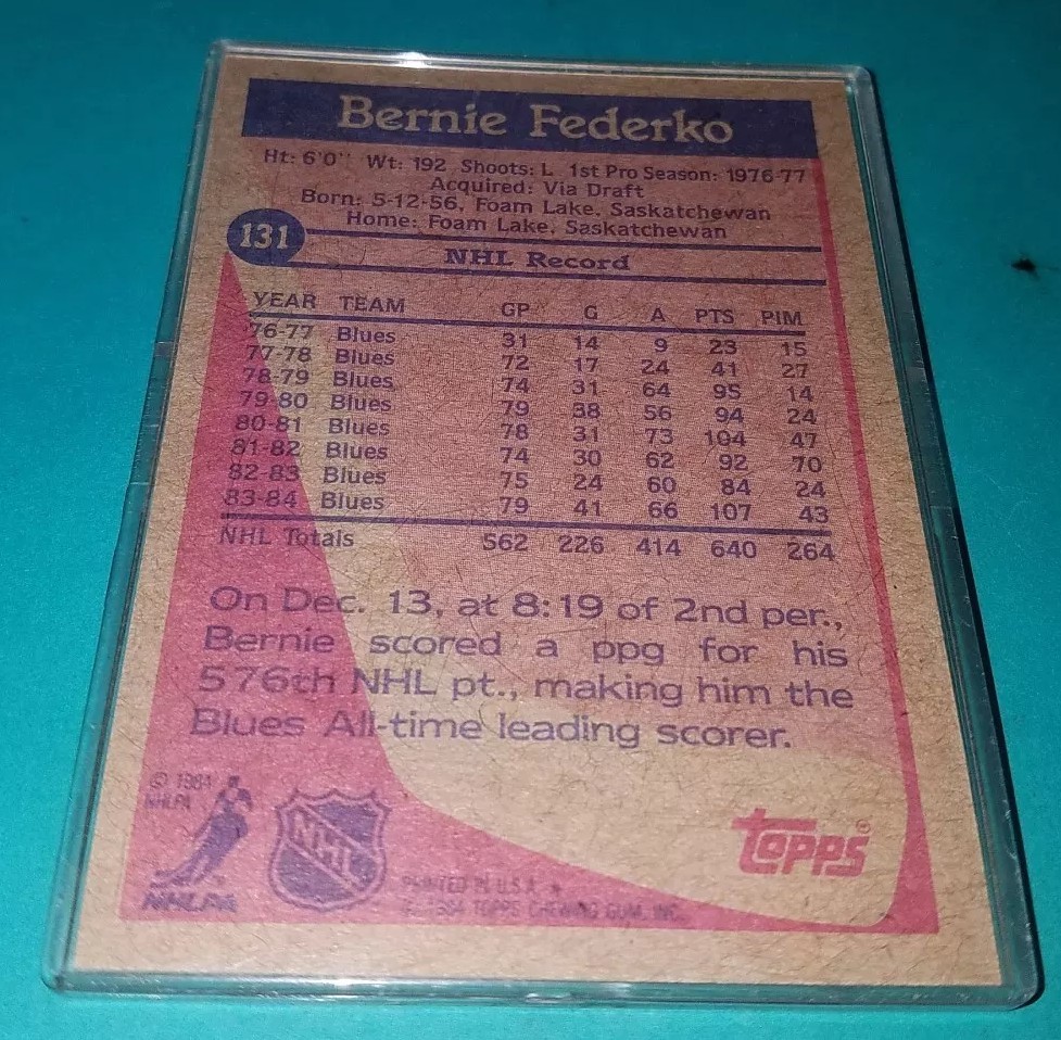 🏒BERNIE FEDERKO🏒Hand Signed AUTOGRAGHED ’83-’84 topps Card St.louis Blues NHL