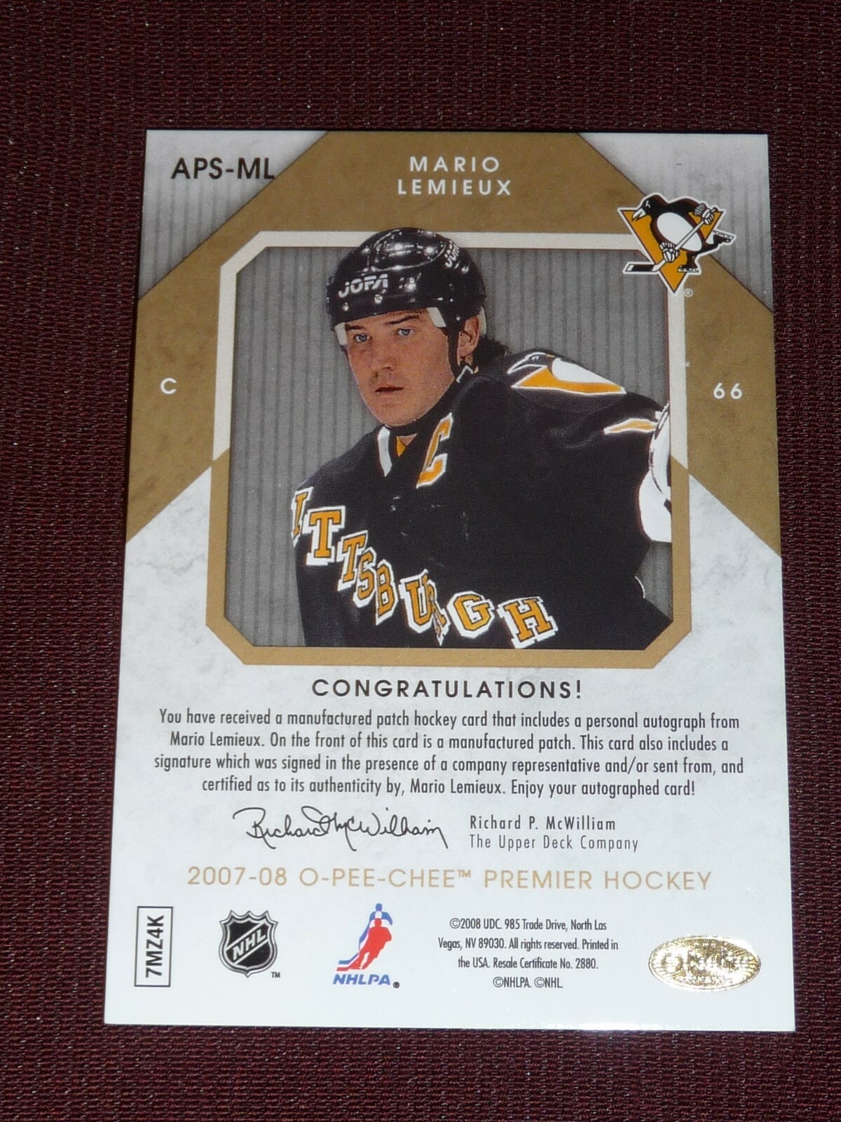 2007-08 OPC MARIO LEMIEUX Autograph /15 “Le Magnifique ” AUTO Premier Stitchings