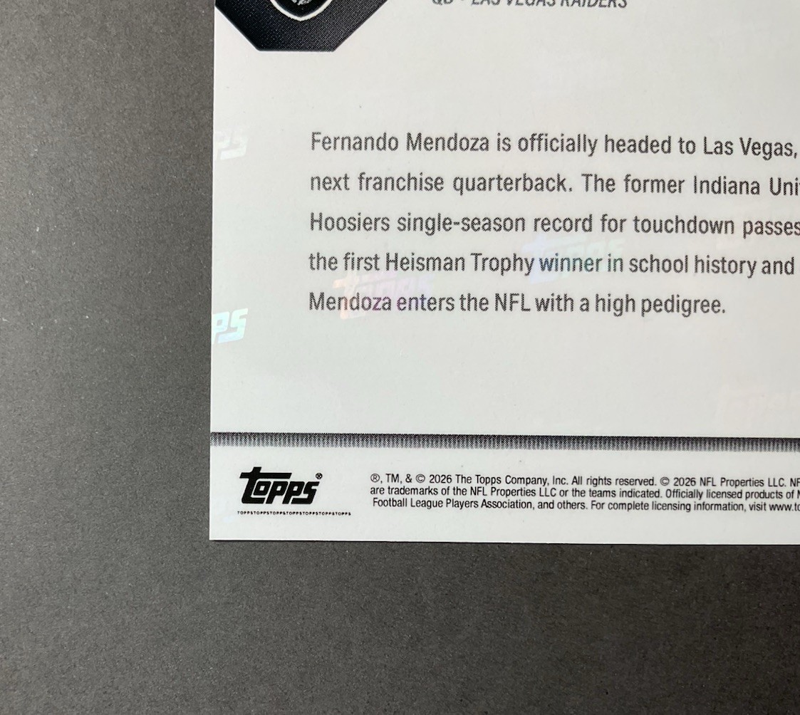 FERNANDO MENDOZA 2026 Topps Now NFL Draft Night 1st Overall Pick #FMEN Raiders