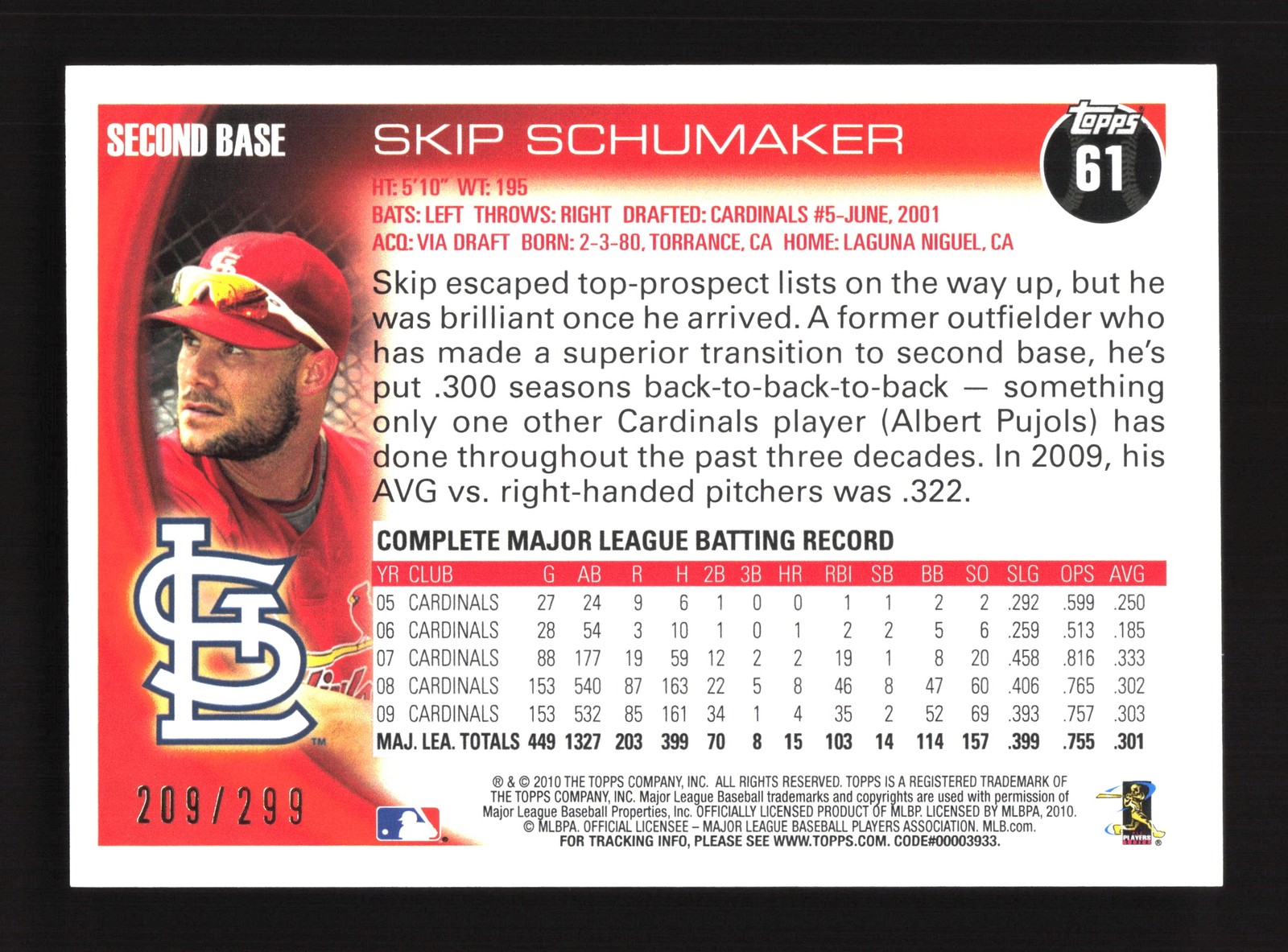 Skip Schumaker St. Louis Cardinals 2010 Topps Red Border #61 SN /299