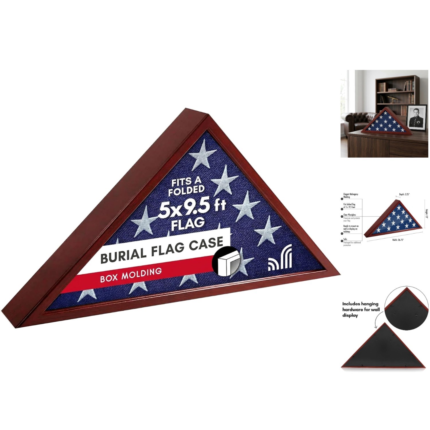 Triangular Flag Display Case – Fits 5×9.5′ Burial Flags – Modern Mahogany Design