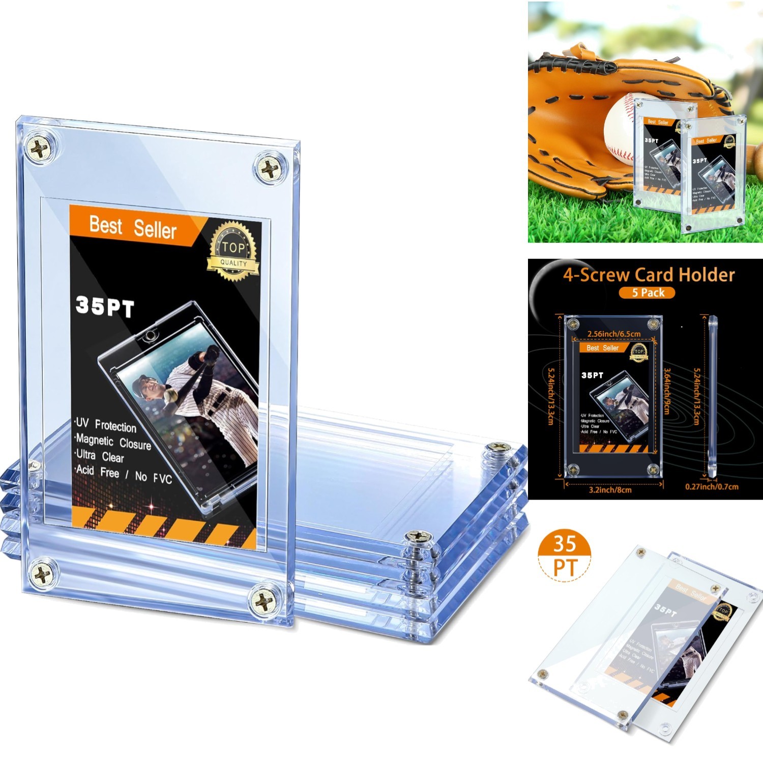 5-Pk 4-Screw Acrylic Trading Card Protectors Clear Display Cases for Sports Card