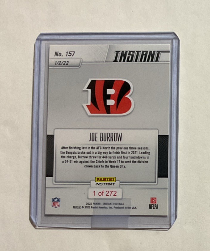 2021-22 JOE BURROW LEADS BENGALS TO DIVISION TITLE PANINI INSTANT NFL CARD #157