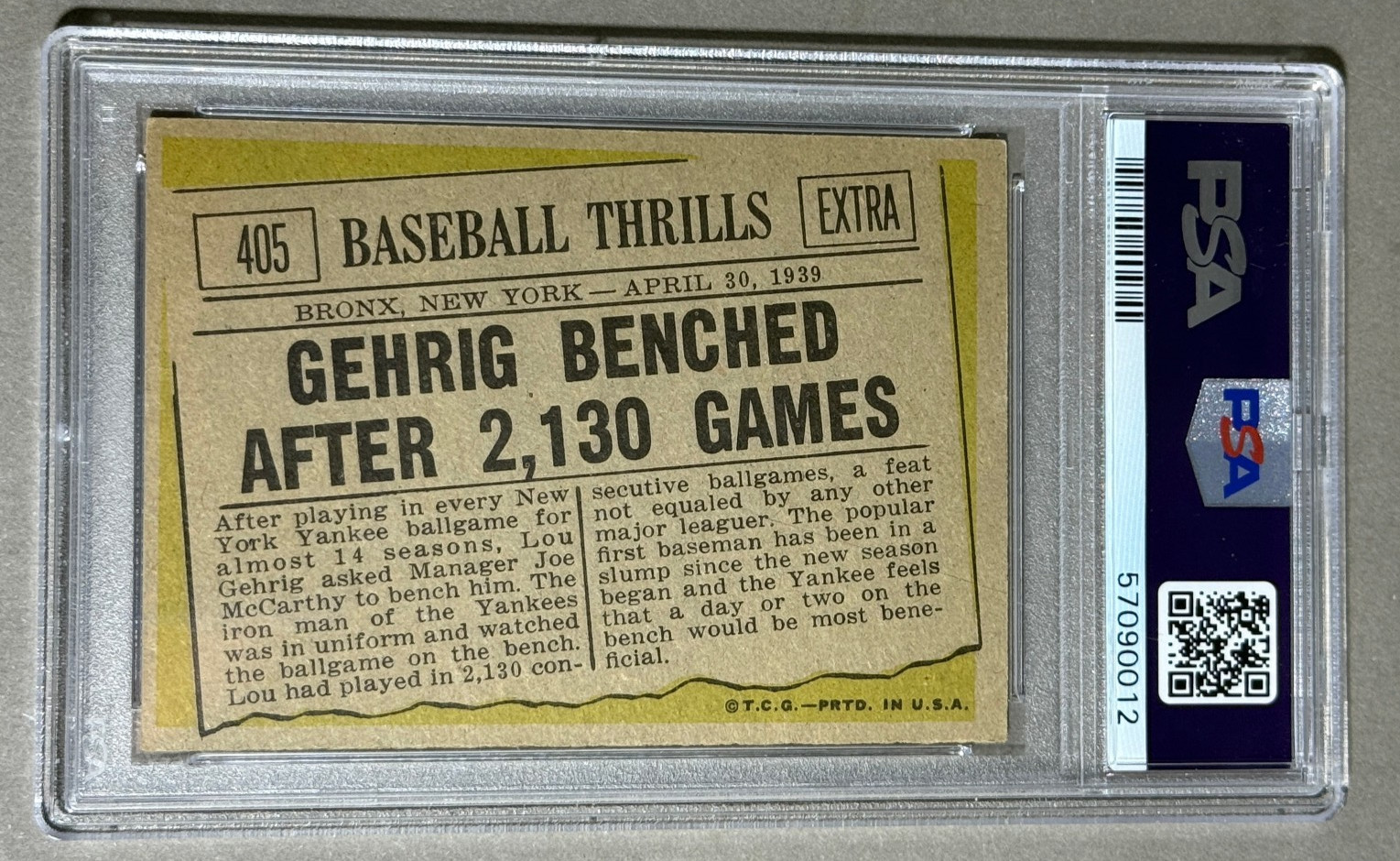 1961 Topps #405 Lou Gehrig PSA 4 VG-EX. Benched After 2130 Games. NY Yankees