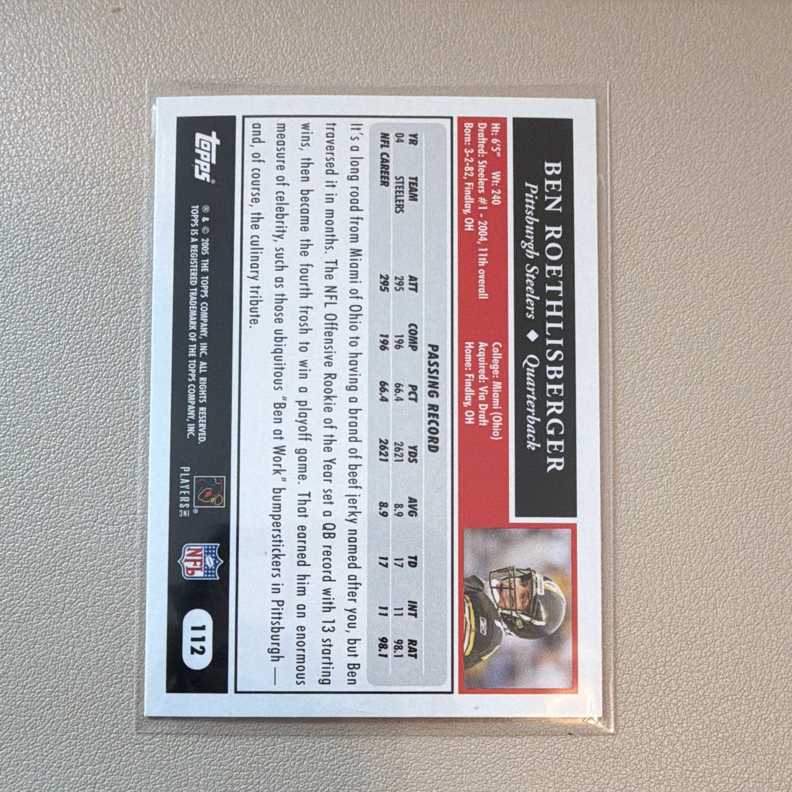 BEN ROETHLISBERGER (Pittsburgh Steelers) 2005 TOPPS FOOTBALL CARD #112