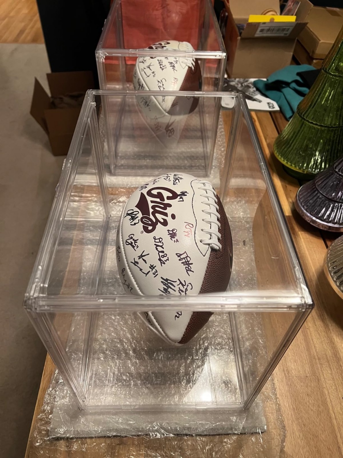 Football Display Case Full Size Acrylic Clear Box with Stand UV Protected Memo