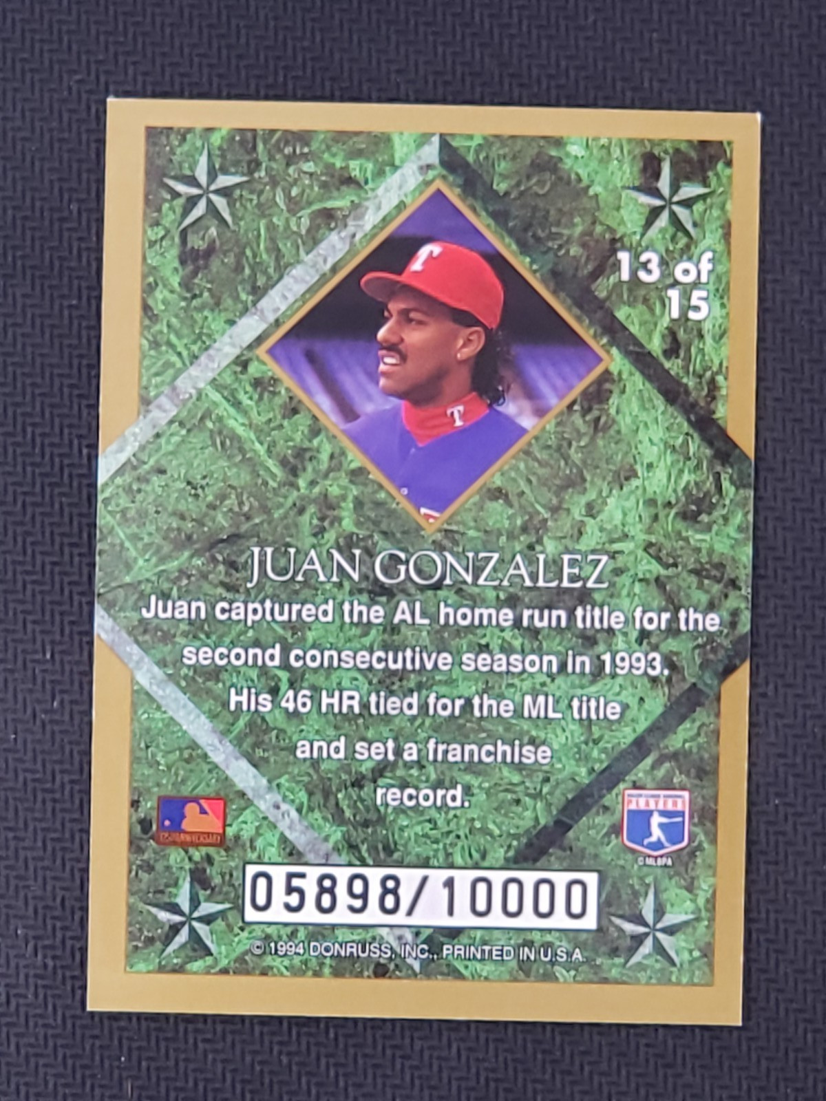 1994 Leaf Juan Gonzalez Gold Stars Insert #13 #/10000 Rangers