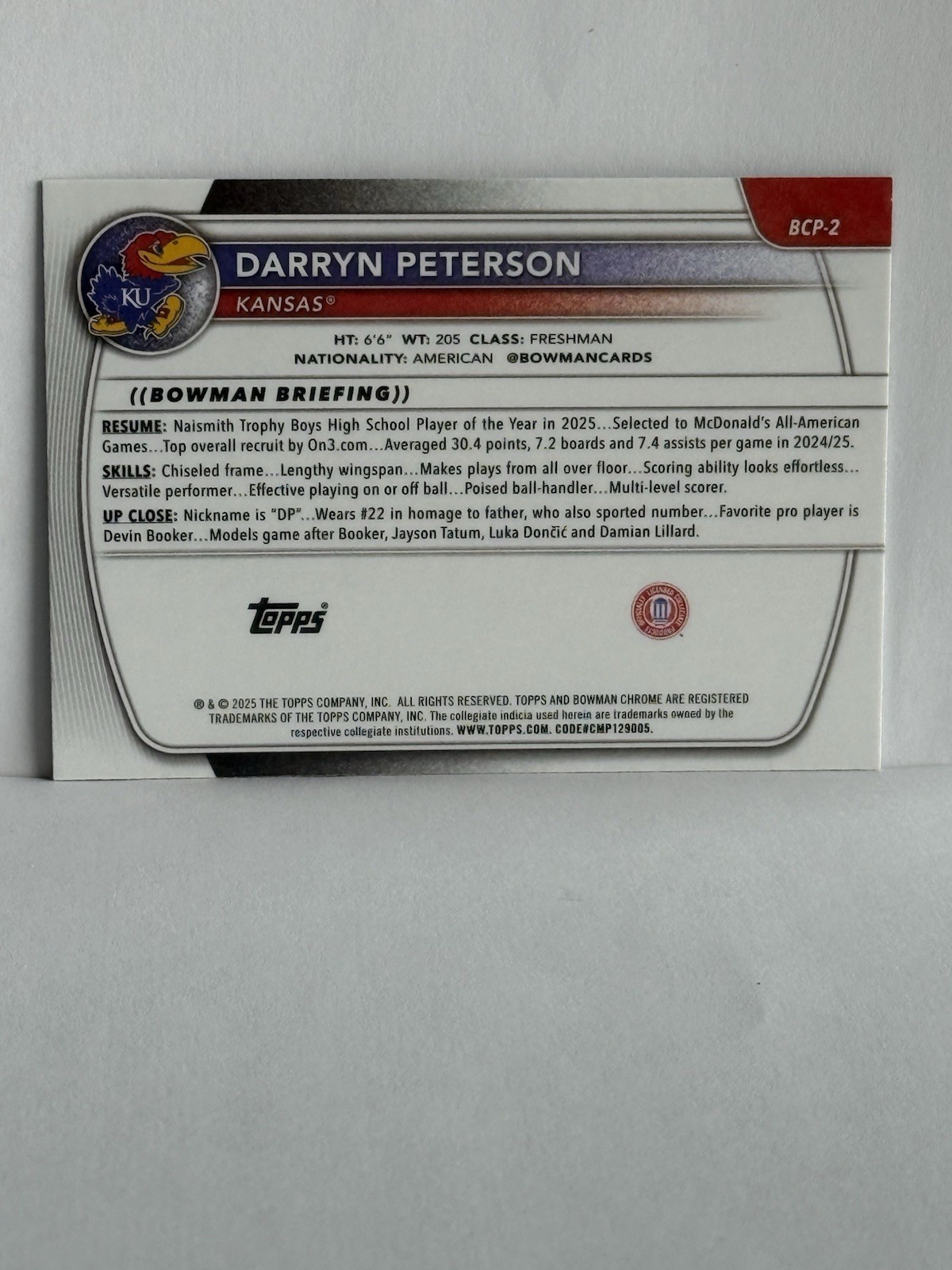 2025-26 Topps Bowman Chrome Darryn Peterson #BCP-2 Gold Reptilian Refractor