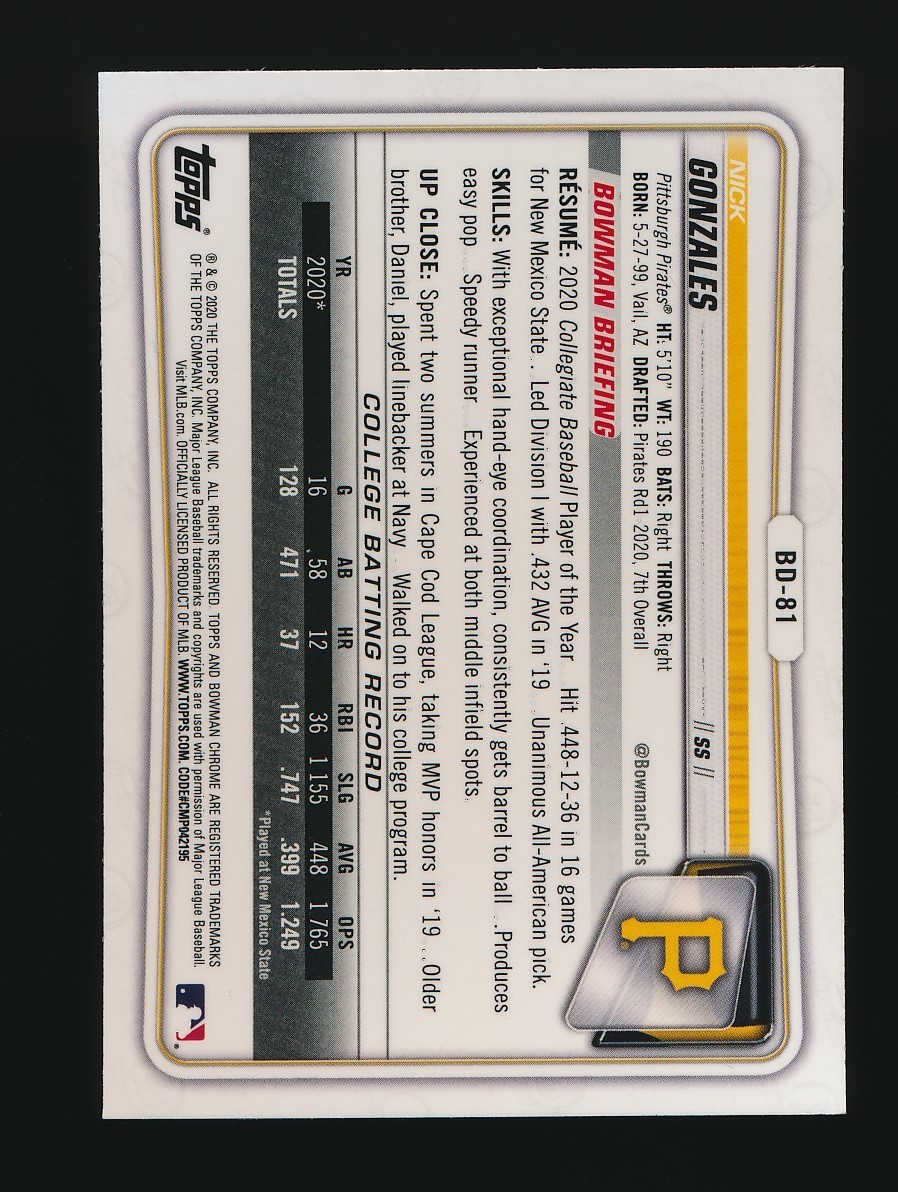 NICK GONZALES ⚾ 2020 Bowman Chrome Draft #BD-81 Pittsburgh Pirates 1st