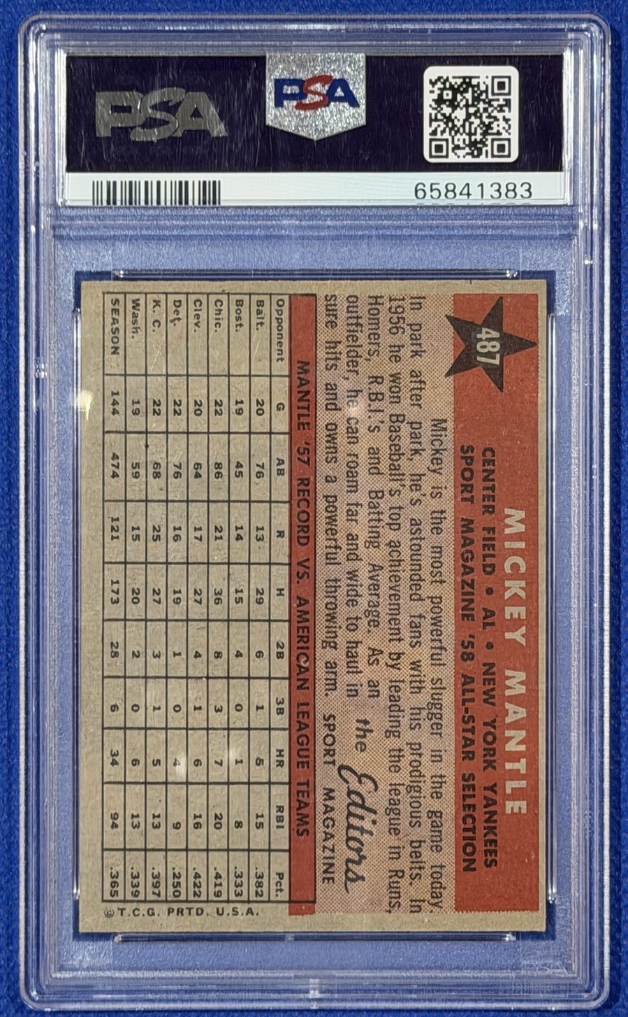 1958 Mickey Mantle Topps All-Star #487 PSA 7 NM Card