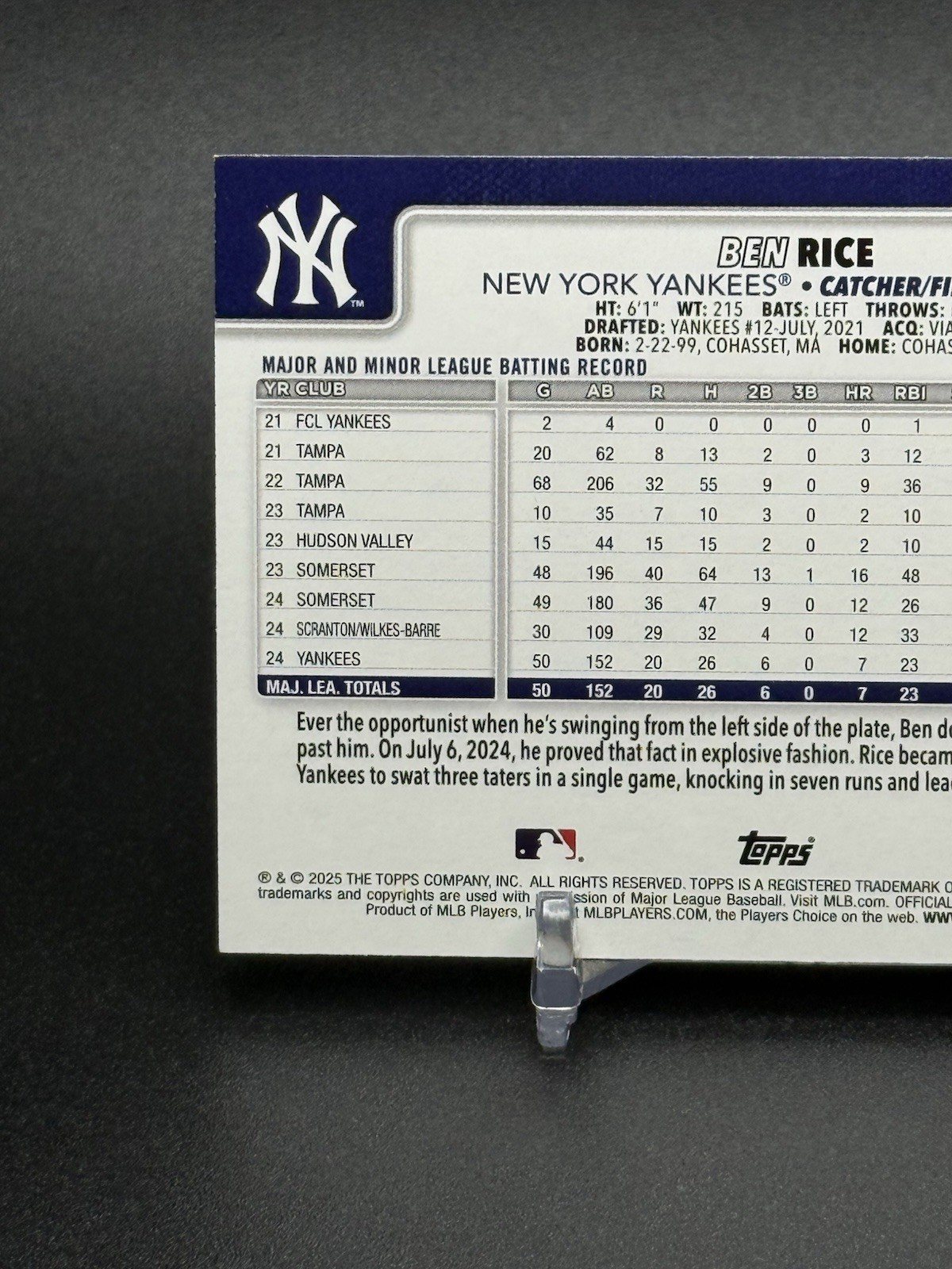 2025 Topps Series One Ben Rice Rookie Yankees Team Color Border Variation SSP